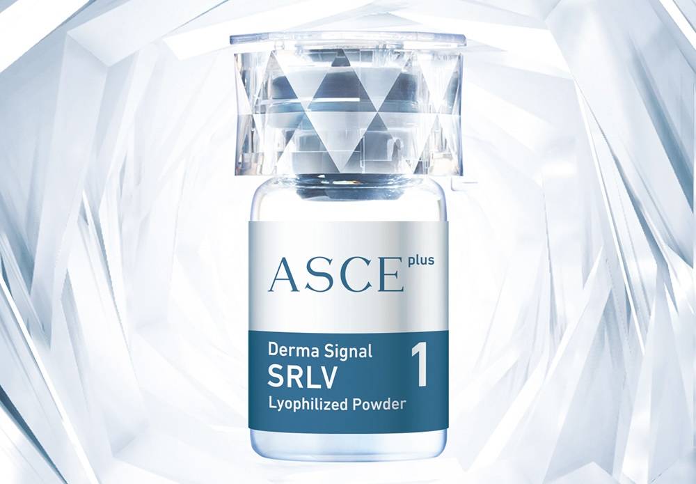 A product shot of ASCE Plus Derma Signal SRLV Lyophilized Powder highlights the role of Exosome Therapy in regenerative medicine. The bottle label reads "1", against a background featuring a geometric crystal-like design in shades of white and light blue.