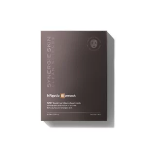 A dark gray skincare box labeled "Synergie Skin Clean Science" unveils the NRgetic Biomask, a NAD⁺ boost nanotech sheet mask that offers benefits such as enhanced skin absorption, increased firmness, plumpness, and revitalized beauty. Proudly made in Australia.