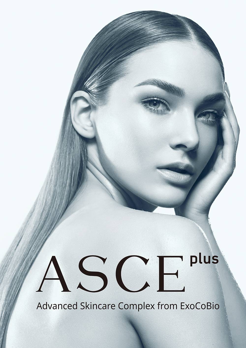 A grayscale image of a woman with smooth, clear skin looking over her shoulder. One hand is gently touching her face. Text on the image reads "ASCE plus Advanced Skincare Complex from ExoCoBio," highlighting the power of Exosome Therapy for radiant, youthful skin.