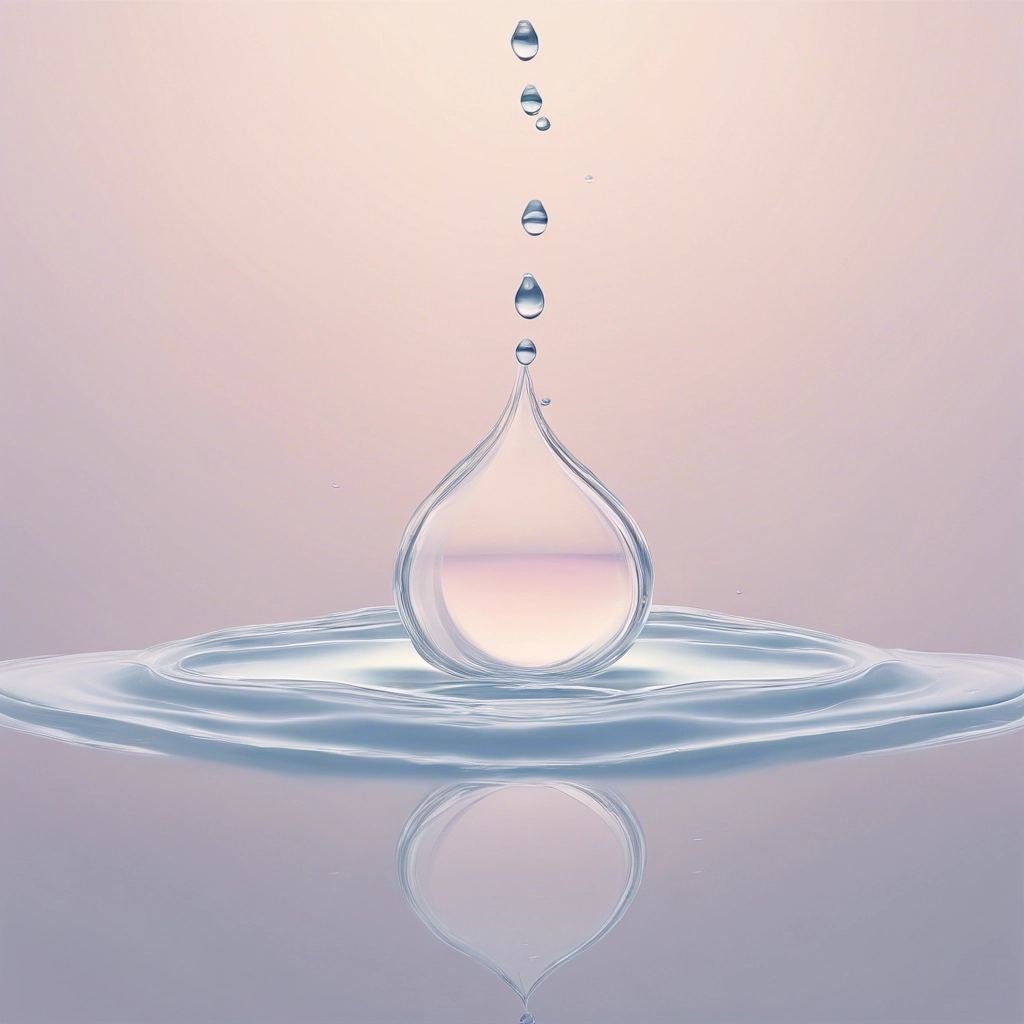 A single droplet of water is captured mid-air, seconds before hitting the surface of a still body of water, causing a ripple effect. The background is a soft gradient of pastel colors, giving the scene a calm and serene atmosphere, reminiscent of the purity and hydration essential for glowing skin.