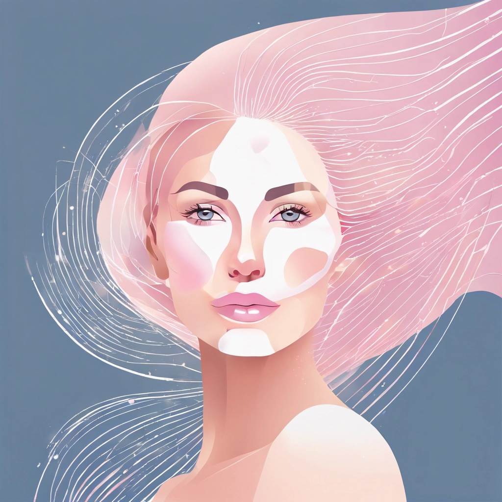 An illustration of a woman with flowing pink hair against a gradient blue background. The artistic style features abstract elements, including light flares and white patterns on her face, evoking treatments of fantasy and imagination. The image has a dreamy and surreal quality.