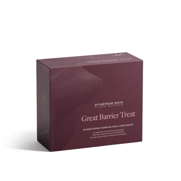 A maroon box labeled "Great Barrier Treat" highlights features like barrier repair, biome balance, and hydro boost for enhancing skin health. Adorned with a textured wave design and white lettering, it gracefully reflects the allure of the Great Barrier Reef, making it an ideal choice for nourishing your skin while traveling.