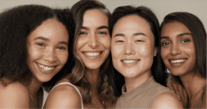 Four women smiling, their varying hair types and skin tones highlight their unique beauty. Each woman appears cheerful in simple, neutral-toned clothing, set against a plain background that keeps the focus on them.