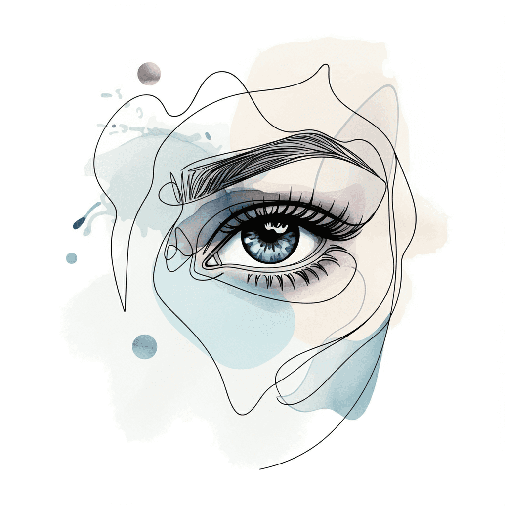 A stylized illustration of a single eye, surrounded by abstract lines and watercolor splashes in shades of blue and gray. The eye, detailed with fine lashes and a reflection in the pupil, conveys a sense of depth and focus, reminiscent of volume replacement techniques in modern artistry.