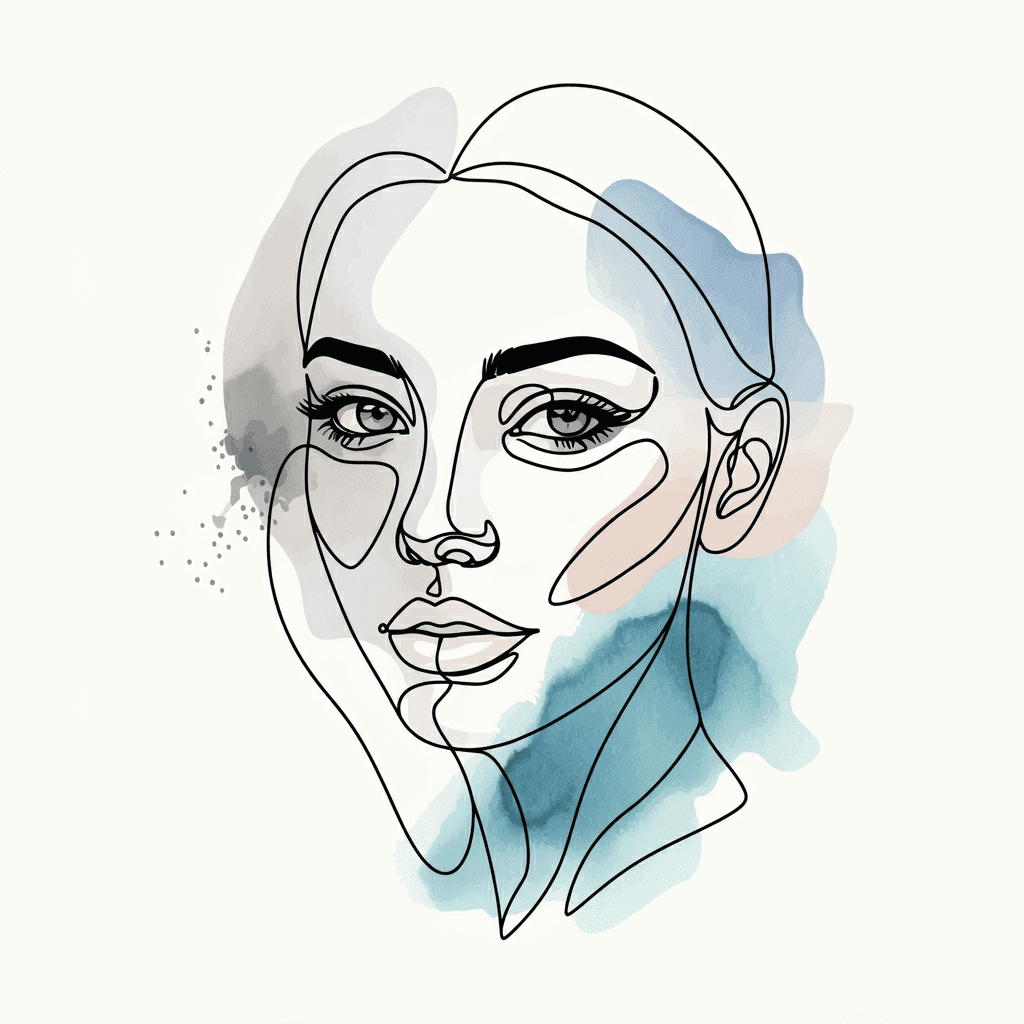 A minimalist line drawing of a woman's face features defined eyebrows, eyes, and lips. The background has abstract watercolor splashes in blue, grey, and beige tones, adding artistic flair to the simple portrait, perfect for enhancing SEO keywords naturally in art descriptions.